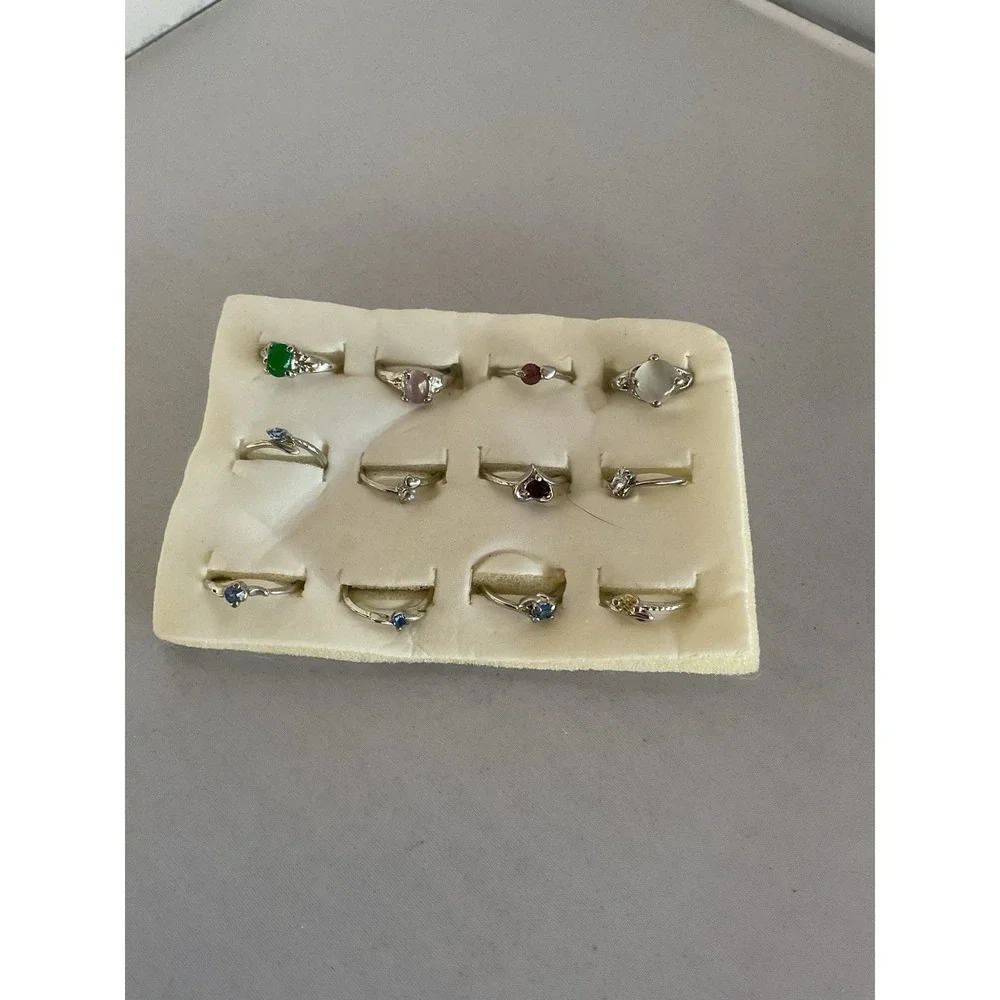 12 Assorted Silver Tone Gemstone Rings Costume Jewelry Sz 6.5
